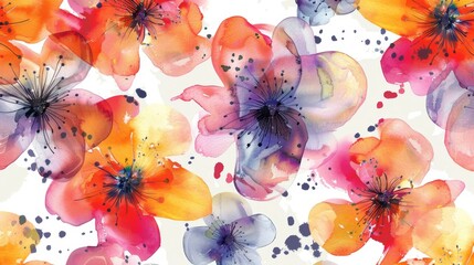 Colorful floral watercolor pattern with orange, red, and purple flowers on a white background