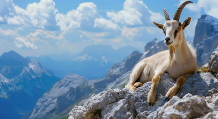 a goat with long horns sitting on top of an alpine mountain, overlooking a wide valley below
