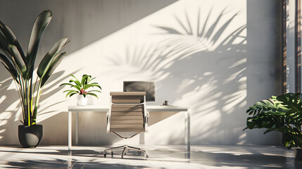 Obraz premium A bright and airy home office interior with a minimalist white desk, a comfortable chair, and lush tropical plants