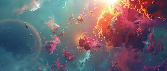 Fototapeta premium Abstract cosmic background with vibrant colors and glowing nebulae.