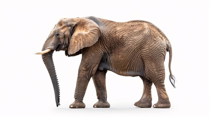 Fototapeta premium A wise and gentle giant, a large African elephant stands majestically on a white background, its trunk raised in a curious gesture. The image showcases the animals immense size and intelligence,