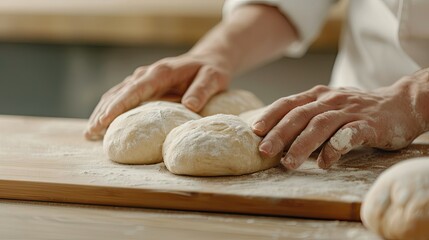The Bakers Touch: Shaping Fresh Dough on a Wooden Board