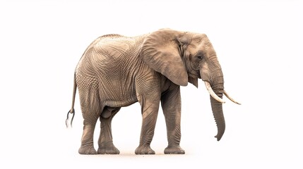 A wise and gentle giant, a large African elephant stands majestically on a white background, its trunk raised in a curious gesture. The image showcases the animals immense size and intelligence,