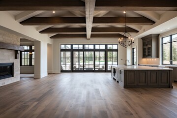 Fototapeta premium Elegant and spacious open-plan rooms, new construction with wooden floors, empty room, designer decor, wooden ceiling beams in classic style