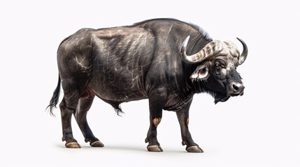 Obraz premium A massive African buffalo, with its thick, dark coat and imposing horns, stands on a white background, its muscular body conveying power and strength. The image highlights the animals role as a