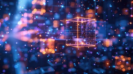 A cube is lit up in a blue and orange background