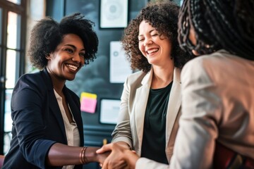 Smiling businesswoman shaking hands with customer in office meeting