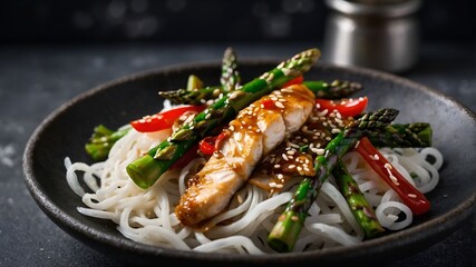 Tasty dish of Asian cuisine with rice noodles, chicken, asparagus, pepper, sesame seeds and soy sauce