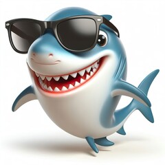  3D cartoon of a Happy Shark fish wearing sunglasses, full body isolated white background