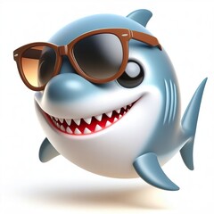 Fototapeta premium 3D cartoon of a Happy Shark fish wearing sunglasses, full body isolated white background