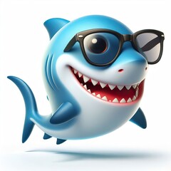  3D cartoon of a Happy Shark fish wearing sunglasses, full body isolated white background