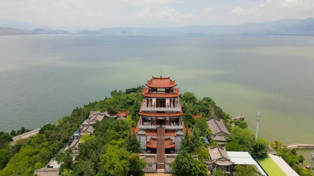 Upward panning drone footage of Luo Quan Ban Dao