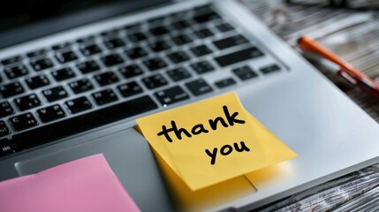 "Thank you" concept on a note on a post, attached to a laptop.