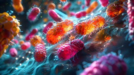 Naklejka premium Vibrant Microbial Ecosystem Intricate Patterns of Coexisting Gut and Skin Microbiota