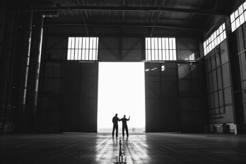 Two men push open the large doors of a hangar at sunset.