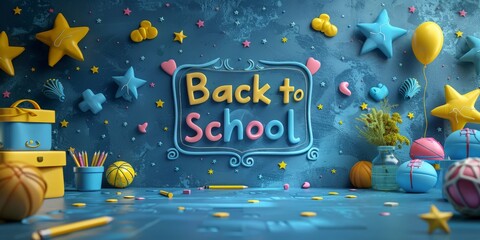 Back to school concept with colorful decorations and stationery items on a blue background.
