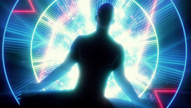 A silhouetted figure sat in a mediation lotus pose, surrounded with pulsating flowing light energy.