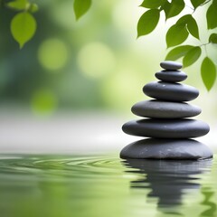 Obraz premium Stacked gray zen stones in water with green leaves and blurred background