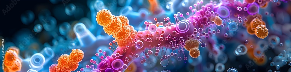 Poster vibrant of the intricate microbiome and cellular structures in an aseptic laboratory setting