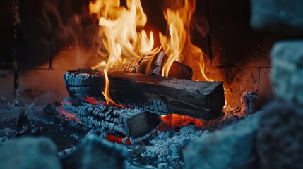 Crackling Firewood Burning in Fireplace