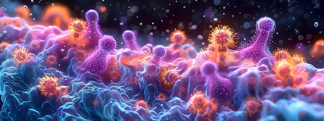 Obraz premium Vibrant Depiction of the Diverse Gut Microbiome Intricate Microbial Colonies Thriving in a Healthy