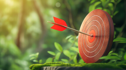 Creative illustration of red round shaped target with thin arrow representing concept of setting goals correctly on green background