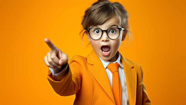 Une jeune fille avec des lunettes, un costume, et une cravate, le doigt lev&eacute;, l'air surpris, sur un fond isol&eacute; de couleur orange dans le style d'une photographie publicitaire.
