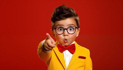 Un jeune enfant en costume jaune et nœud papillon portant des lunettes, expression amusante du visage pointant le doigt vers le haut, isolé sur fond rouge, image avec espace pour texte.