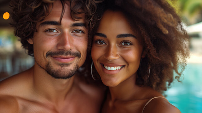 Smiling Multicultural Couple Enjoying Vacation by Poolside on Sunny Day. - Powered by Adobe