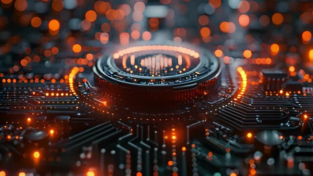 A close-up image of a circuit board with glowing components, showing intricate details of the electronic circuitry.