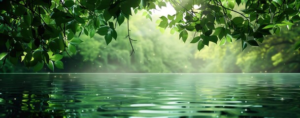 Fototapeta premium Un arrière-plan avec des feuilles vertes suspendues au-dessus de l'eau, créant une atmosphère de calme et de beauté naturelle. La lumière du soleil filtrant à travers le feuillage.
