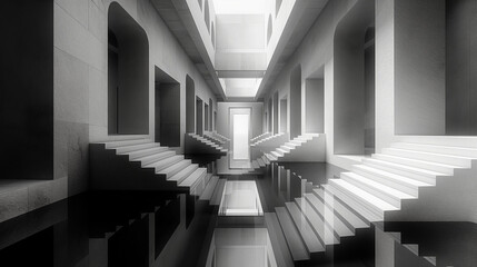 Abstract architecture with stairs leading to a light source.  Minimalist and geometric design.  Perfect for futuristic or modern concepts.