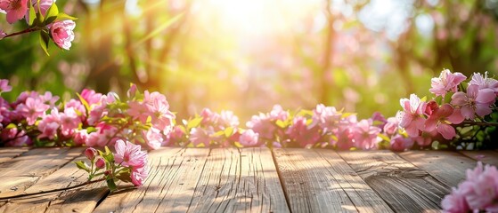Fond printanier avec une table en bois et des fleurs roses dans le jardin. Belle nature floue en arrière-plan avec des rayons de soleil. Concept de printemps.