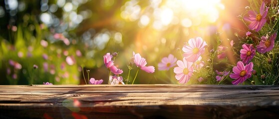 Concept de printemps. Fond avec une table en bois et des fleurs roses dans le jardin et des rayons de soleil à travers les feuilles.