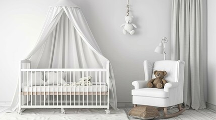 a plush teddy bear sitting on an armchair in a baby nursery room, next to a crib with a white linen blanket and pillow.