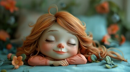 A cute little girl with light brown hair is sleeping on her side, she has long wavy hair and wears pink , she looks happy to relax and keep calm on pastel background.