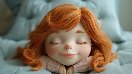 A cute little girl with light brown hair is sleeping on her side, she has long wavy hair and wears pink , she looks happy to relax and keep calm on pastel background.