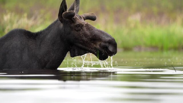 A bull moose lifts its head out of the water, chewing on aquatic plants and looking straight ahead. Shot at 60 frames per second.