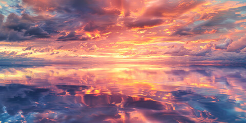 Fototapeta premium A beautiful sunset over a calm ocean with a reflection of the sky on the water