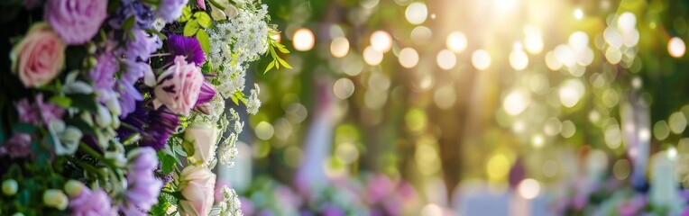 Obraz premium Elegant Outdoor Wedding Ceremony with Floral Arch and Guests