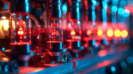 A row of glowing tubes with red and blue lights