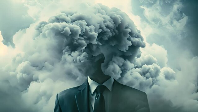 Headless person with a cloud of smoke in place of the head.