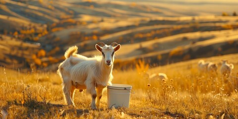 Obraz premium Golden Hour in a Scenic Meadow with a Goat and Bucket