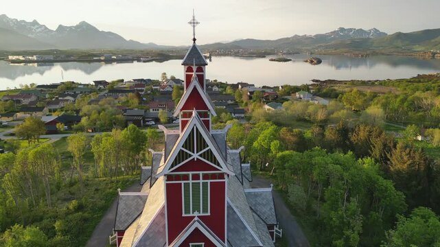 Buksnes Church, Norway in the Nordic Sunset from the Sky.