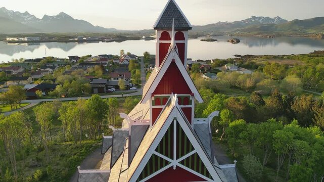 Aerial Shot of Buksnes Church, Norway in the Golden Hour.