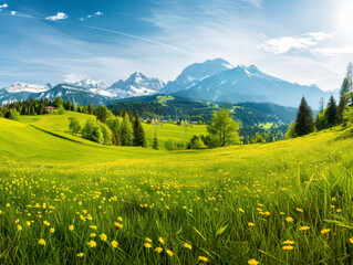 Fototapeta premium Idyllic landscape in the Alps with fresh green meadows and blooming flowers and snow-capped mountain tops in the background