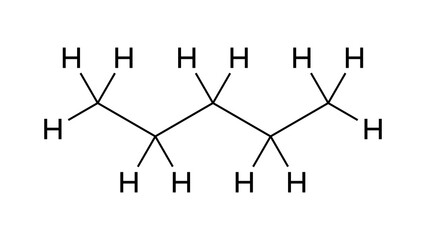 pentane molecule, structural chemical formula, ball-and-stick model, isolated image organic compound