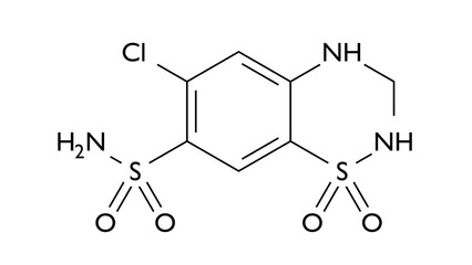 hydrochlorothiazide molecule, structural chemical formula, ball-and-stick model, isolated image hydrodiuril