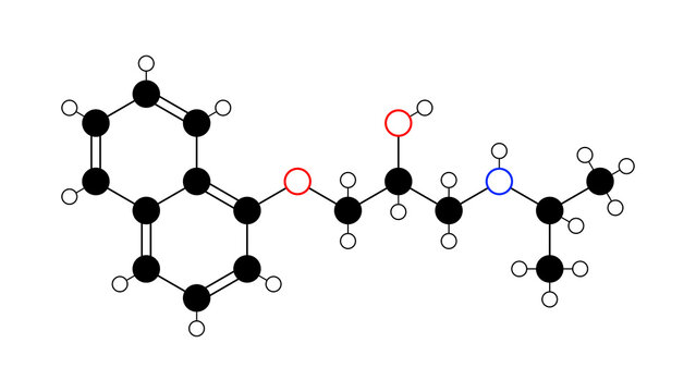 propranolol molecule, structural chemical formula, ball-and-stick model, isolated image inderal