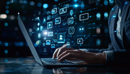 A person is typing on a laptop with a screen displaying a variety of icons by AI generated image